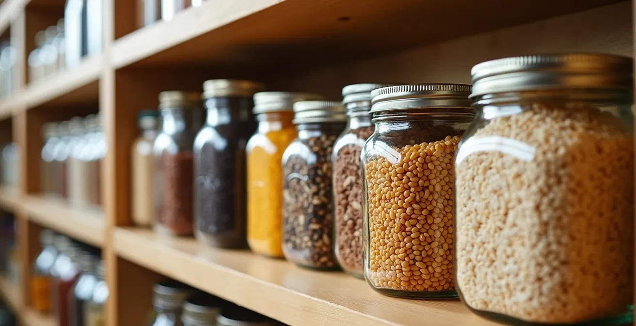 Perfekt organisierter Zero Waste Vorratsschrank mit Glasbehältern voller loser Lebensmittel