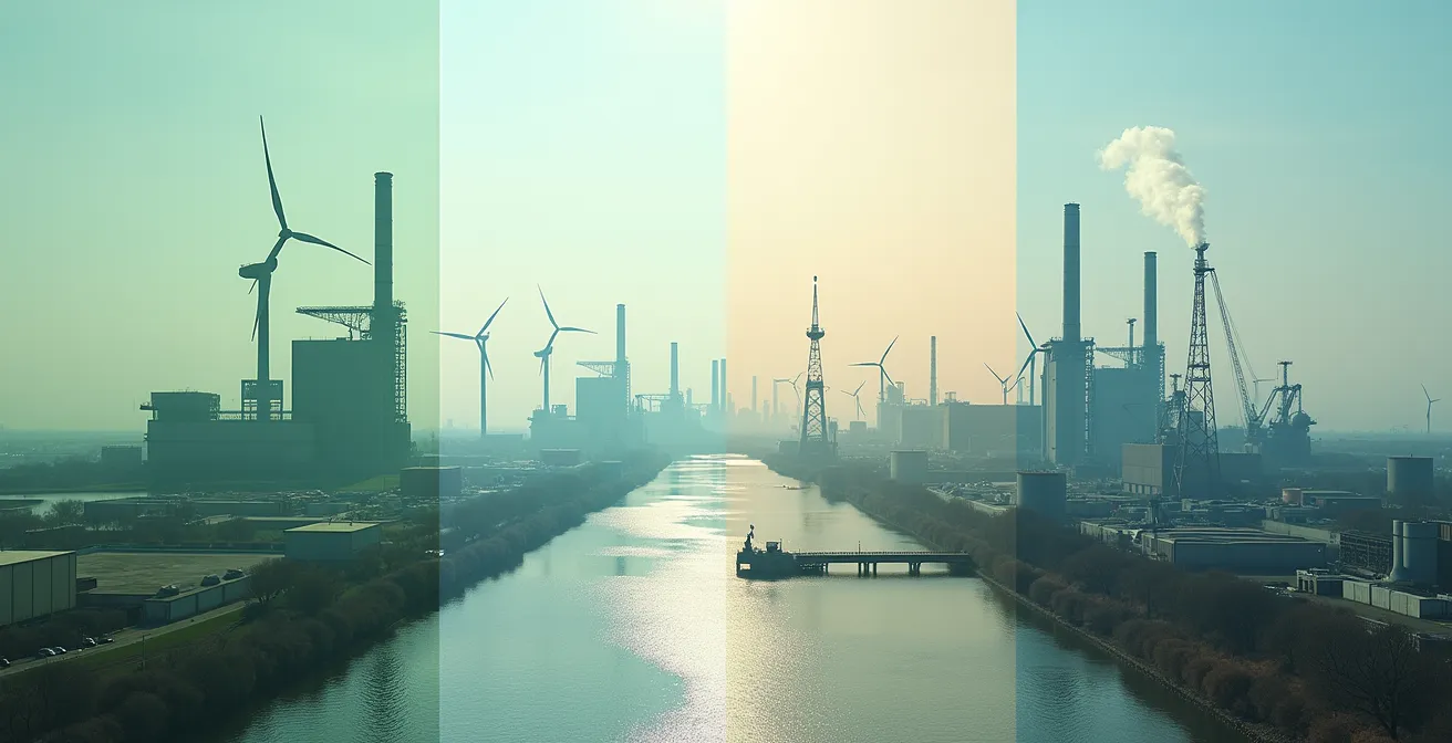 Vier verschiedene Zukunftsszenarien der deutschen Industrie visualisiert durch unterschiedliche Landschaften