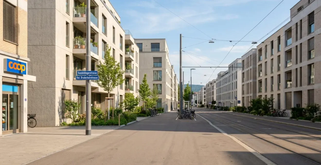 Weitwinkelaufnahme einer modernen Basler Wohnstrasse, zeitgenössische europäische Architektur, Wohngebäude im Schweizer Stil, helles Tageslicht, leere Strasse ohne Personen im Vordergrund