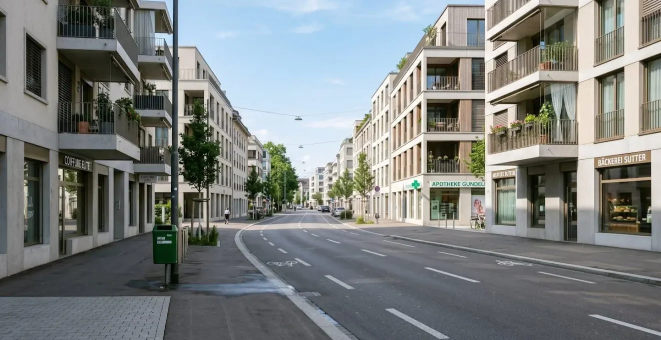 Weitwinkelaufnahme einer modernen Basler Wohnstrasse, zeitgenössische europäische Architektur, Wohngebäude im Schweizer Stil, helles Tageslicht, leere Strasse ohne Personen im Vordergrund