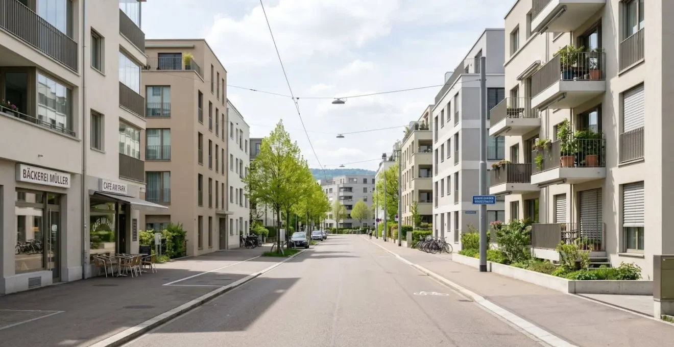 Weitwinkelaufnahme einer modernen Basler Wohnstrasse, zeitgenössische europäische Architektur, Wohngebäude im Schweizer Stil, helles Tageslicht, leere Strasse ohne Personen im Vordergrund