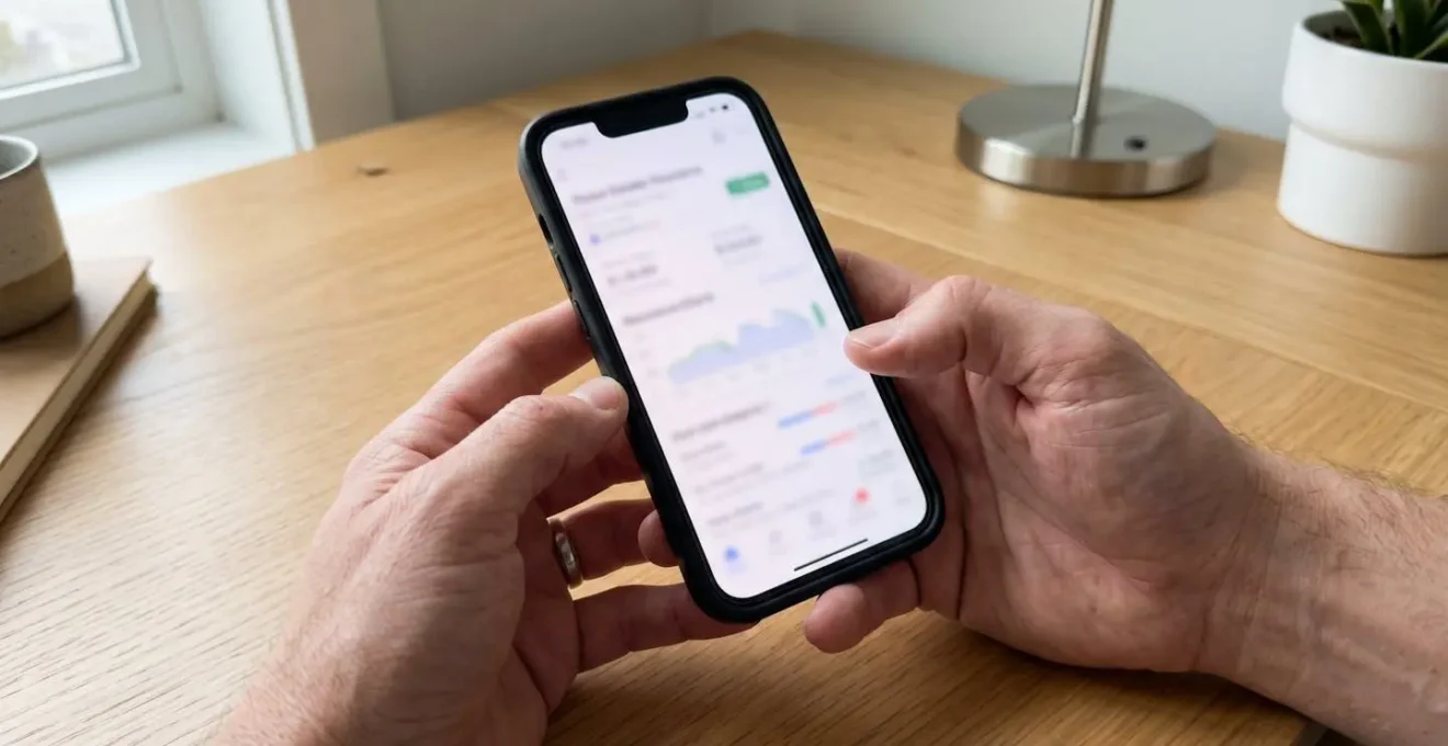 Nahaufnahme von Händen, die ein Smartphone mit unscharfer Immobilien-Vergleichsapp halten, sanfte Hintergrundunschärfe, moderner Schreibtisch