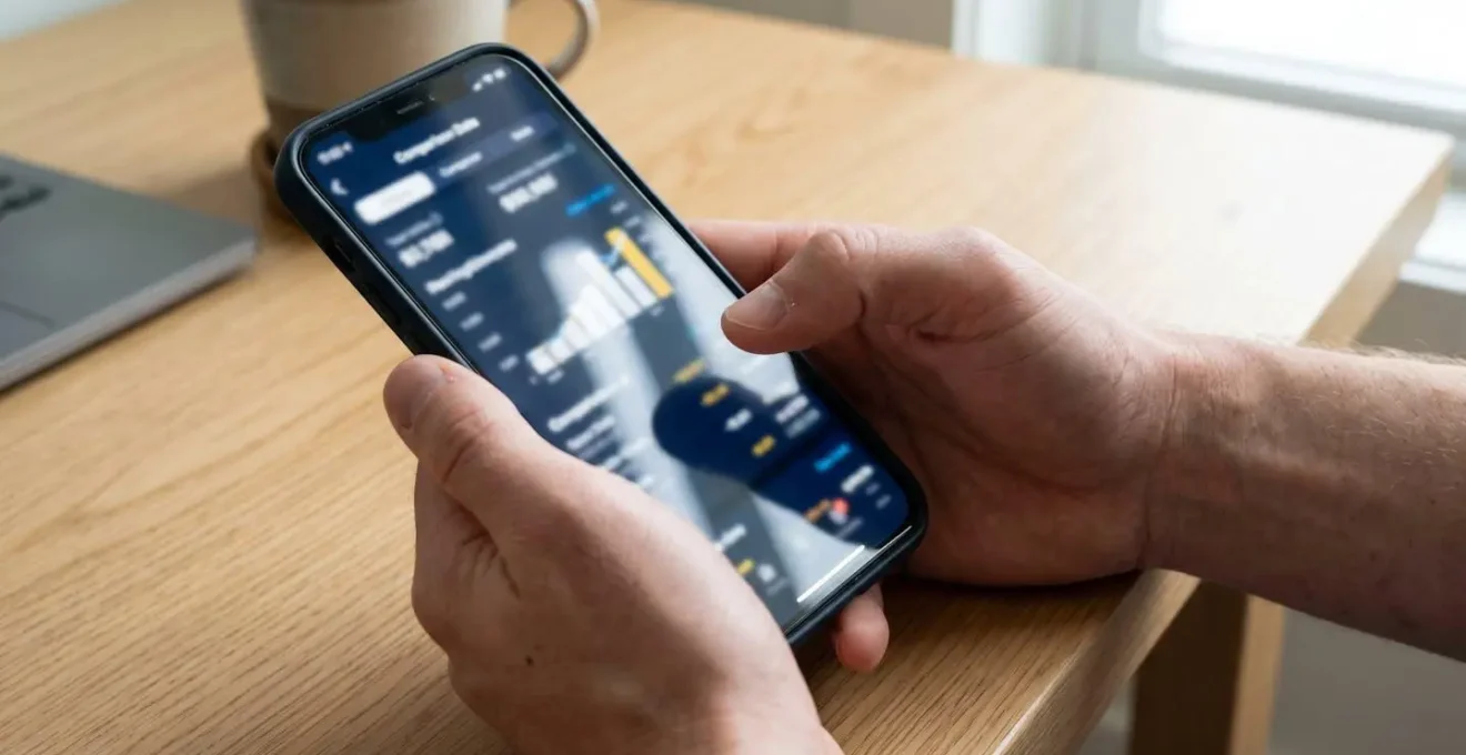 Nahaufnahme von Händen, die ein Smartphone mit unscharfer Immobilien-Vergleichsapp halten, sanfte Hintergrundunschärfe, moderner Schreibtisch