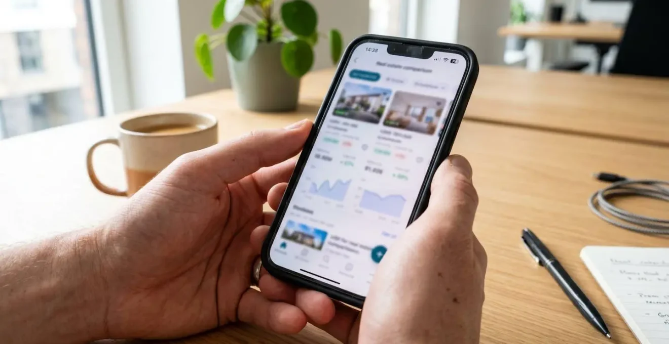 Nahaufnahme von Händen, die ein Smartphone mit unscharfer Immobilien-Vergleichsapp halten, sanfte Hintergrundunschärfe, moderner Schreibtisch
