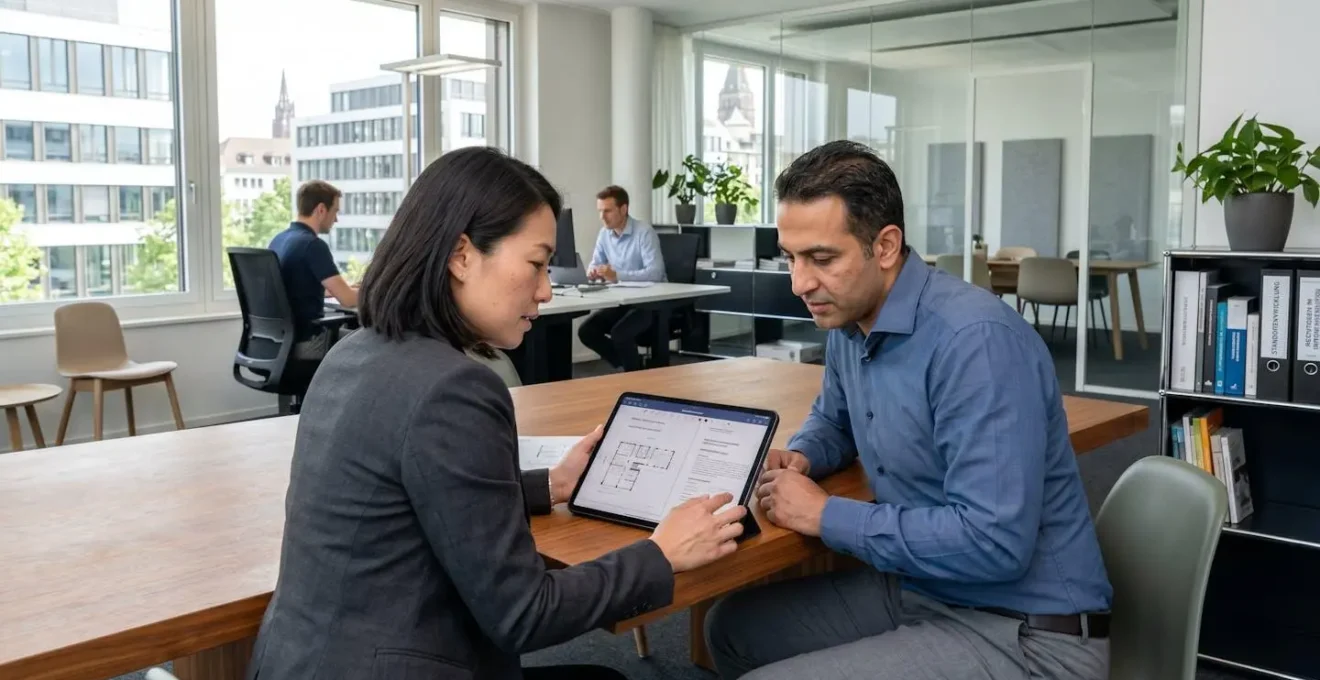 Zwei Fachpersonen im Basler Büro beim gemeinsamen Durchsehen von Immobiliendokumenten auf einem Tablet, Sicht über die Schulter, beide konzentriert auf den Bildschirm