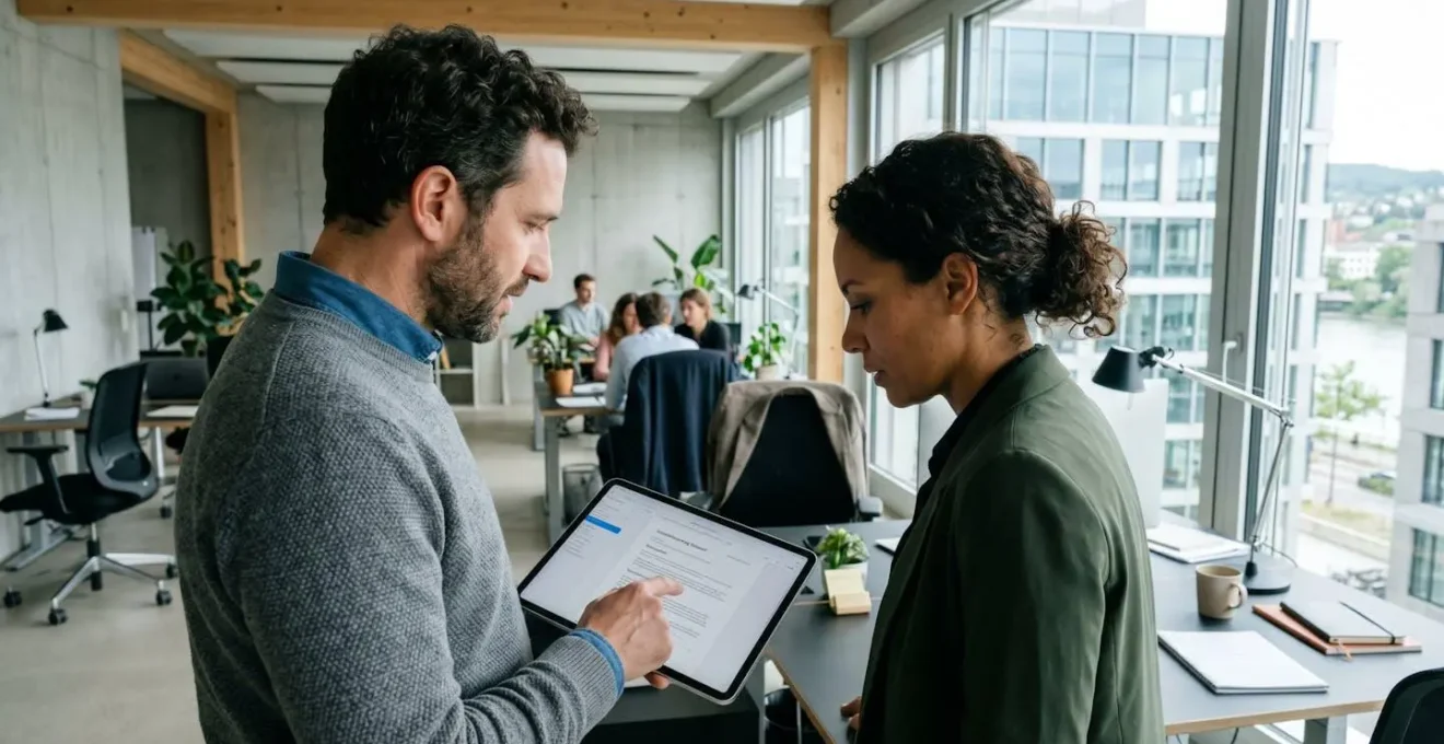 Zwei Fachpersonen im Basler Büro beim gemeinsamen Durchsehen von Immobiliendokumenten auf einem Tablet, Sicht über die Schulter, beide konzentriert auf den Bildschirm