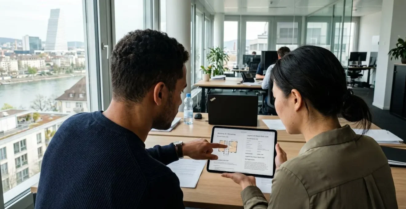 Zwei Fachpersonen im Basler Büro beim gemeinsamen Durchsehen von Immobiliendokumenten auf einem Tablet, Sicht über die Schulter, beide konzentriert auf den Bildschirm