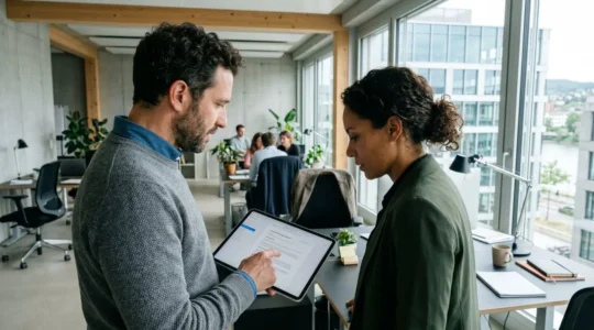 Zwei Fachpersonen im Basler Büro beim gemeinsamen Durchsehen von Immobiliendokumenten auf einem Tablet, Sicht über die Schulter, beide konzentriert auf den Bildschirm