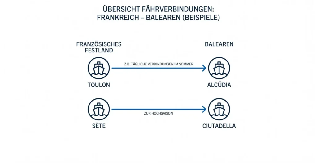 Schema mit Toulon und Sète als Abfahrtshäfen sowie Alcúdia und Ciutadella als Balearen-Zielhäfen Schema mit Toulon und Sète als Abfahrtshäfen sowie Alcúdia und Ciutadella als Balearen-Zielhäfen